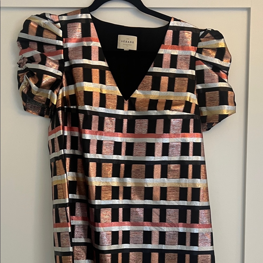 Sezane Black and Gold Striped Dress